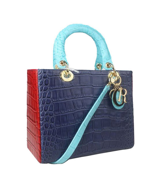 Christian Dior Small Lady Cannage Golden D Tote Bag Blue Croc Calfskin Leather With Green Handle