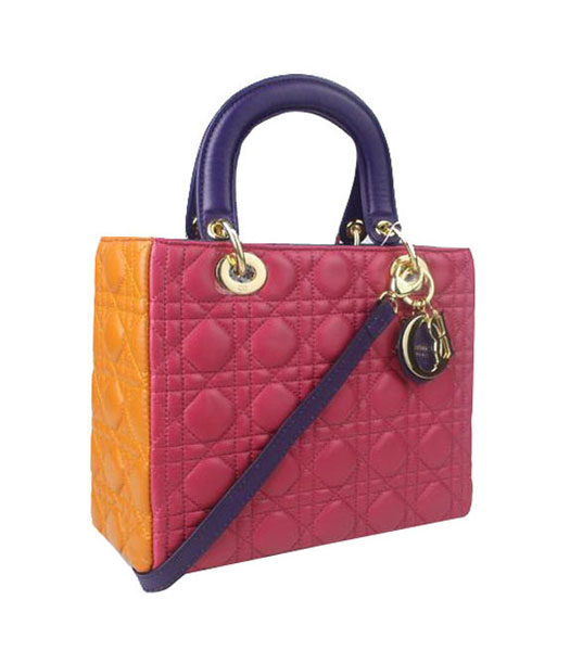 Christian Dior Small Lady Cannage Golden D Tote Bag Fuchsia Lambskin Leather With Purple Handle
