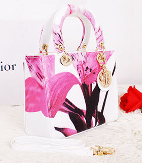 Christian Dior Small Lady Cannage Golden D Tote Bag Pink Daffodil Pattern Leather