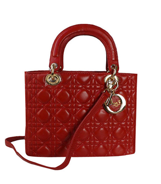 Christian Dior Small Lady Cannage Golden D Tote Bag Red Lambskin Leather