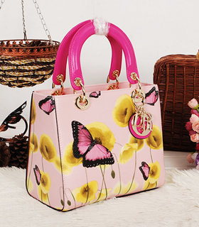 Christian Dior Small Lady Cannage Golden D Tote Bag Sakura Fuchsia Butterfly Pattern Leather