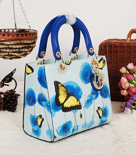 Christian Dior Small Lady Cannage Golden D Tote Bag Sapphire Blue Butterfly Pattern Leather