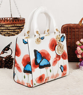 Christian Dior Small Lady Cannage Golden D Tote Bag White Butterfly Pattern Leather