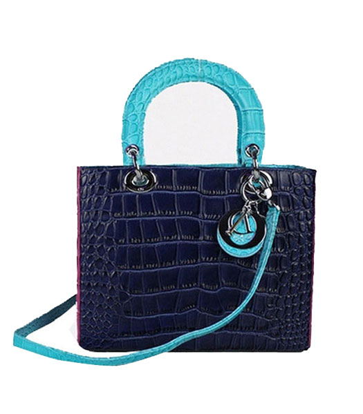 Christian Dior Small Lady Cannage Silver D Tote Bag Blue Croc Calfskin Leather With Green Handle