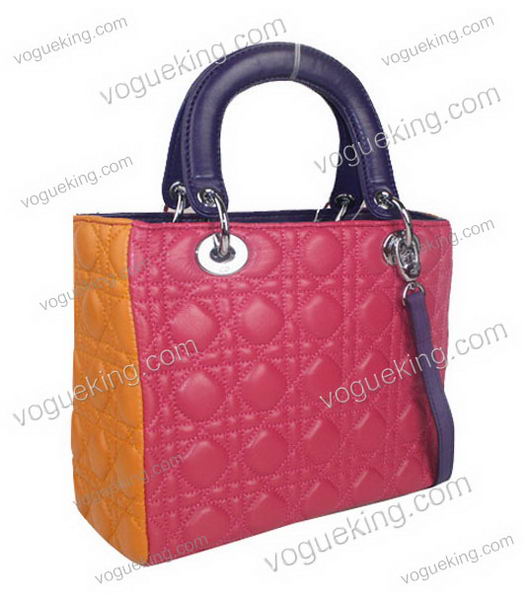 Christian Dior Small Lady Cannage Silver D Tote Bag Fuchsia Lambskin Leather With Purple Handle-1