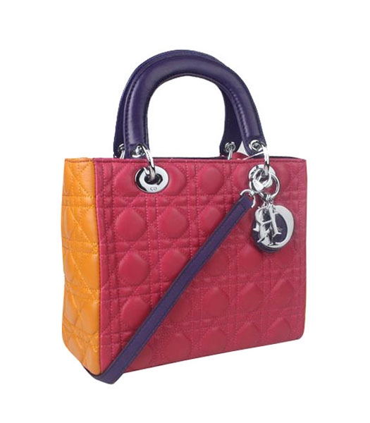Christian Dior Small Lady Cannage Silver D Tote Bag Fuchsia Lambskin Leather With Purple Handle