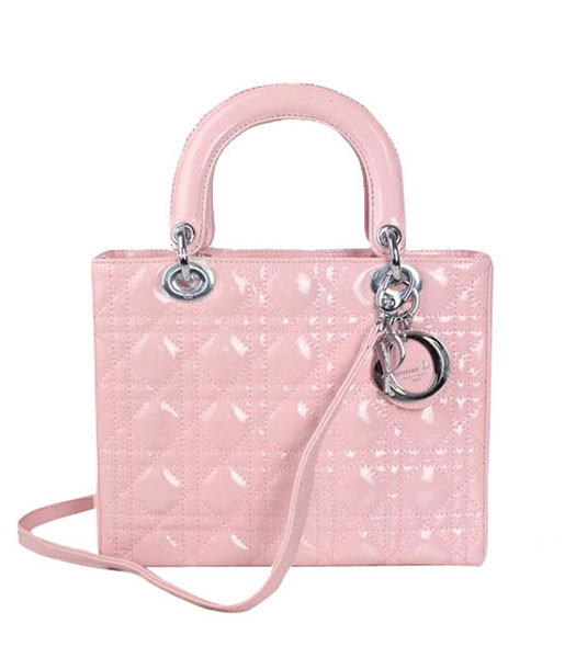 Christian Dior Small Lady Cannage Silver D Tote Bag Pink Patent Leather