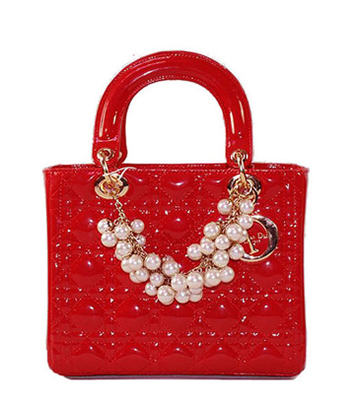 Christian Dior Small Red Patent Leather Tote With Golden Chain And Pearl