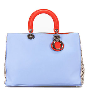 Christian Dior Snake Veins With Light Blue/Orange Leather Large Diorissimo Tote Bag