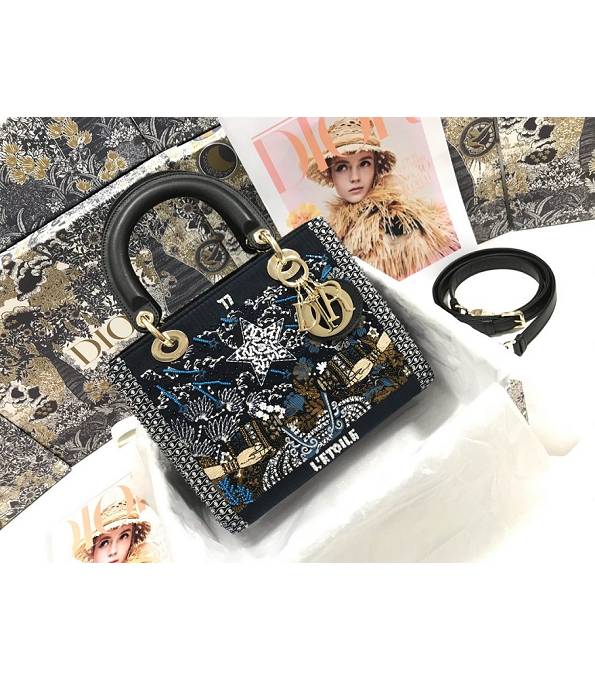 Christian Dior Star Embroidered Bead Black Original Calfskin Golden Metal 24cm Tote Bag