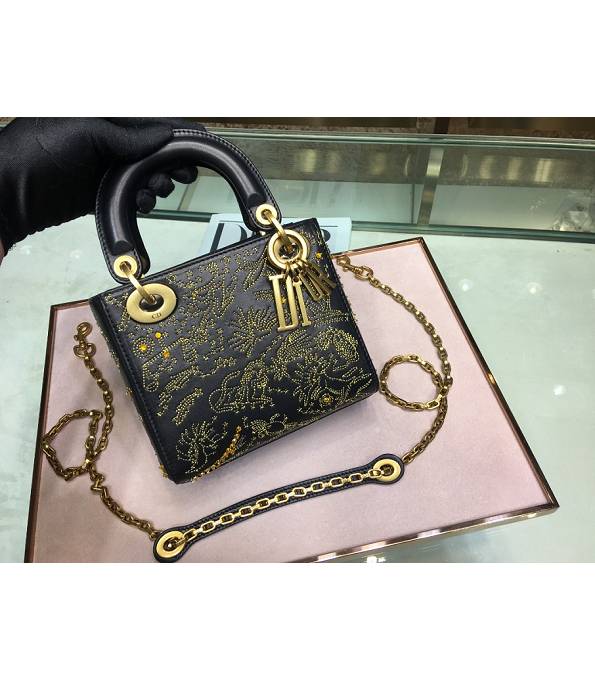 Christian Dior Star Embroidery Black Original Calfskin Golden Metal 17cm Tote Bag