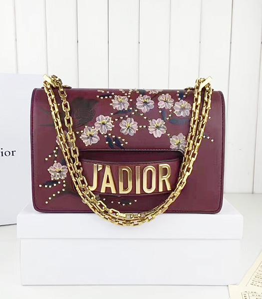 Christian Dior Wine Red Original Leather Flower Printed Chains Bag