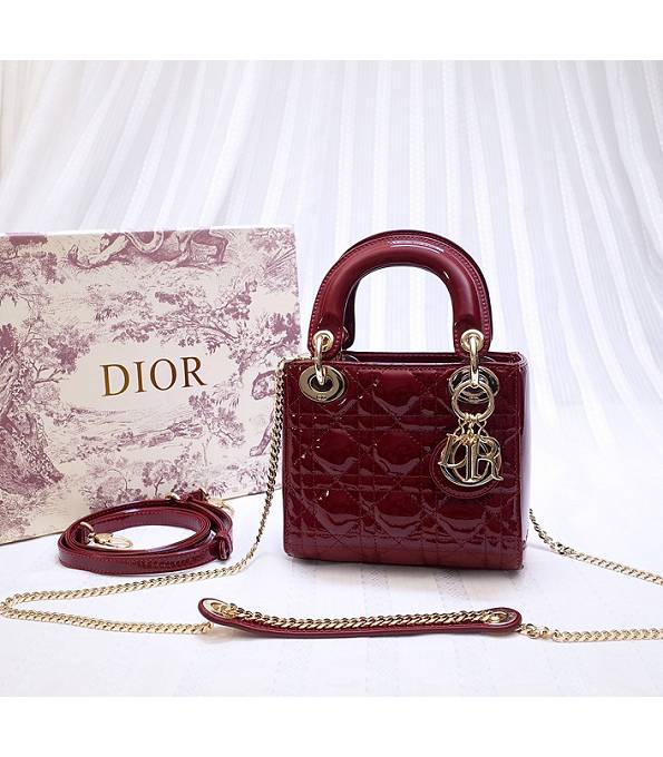Christian Dior Wine Red Original Patent Leather Golden Metal 17cm Tote Bag
