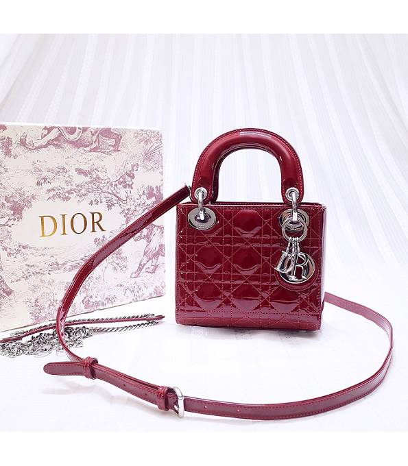 Christian Dior Wine Red Original Patent Leather Silver Metal 17cm Tote Bag