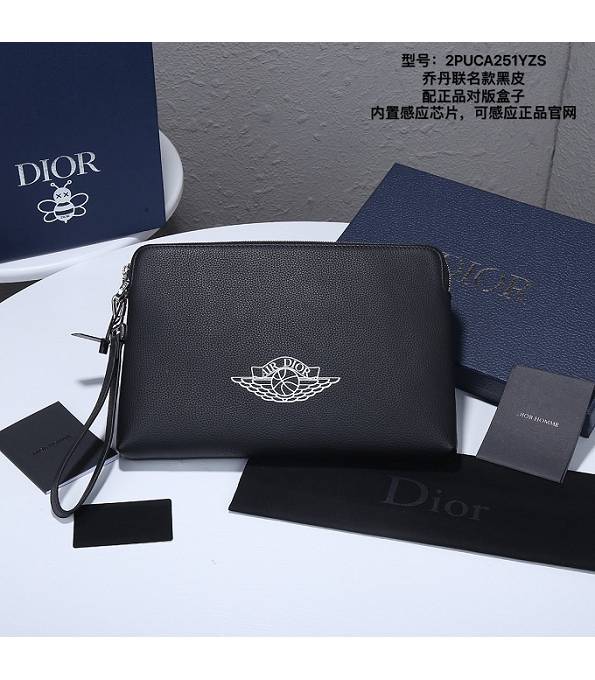 Christian Dior X Jordan Black Original Litchi Veins Calfskin Leather Clutch With Checking IC Chip
