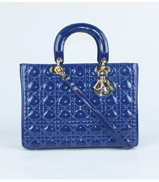 Dior Large Lady Cannage Gold D Tote Bag Blue Patent Leather