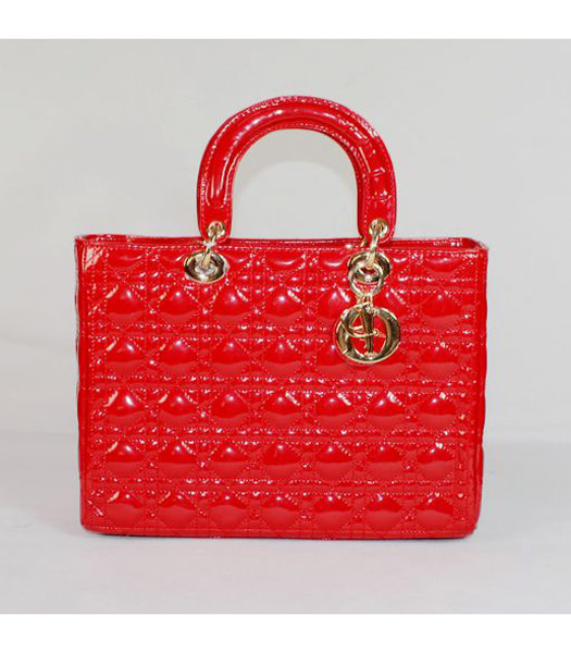 Dior Large Lady Cannage Gold D Tote Bag Red Patent Leather
