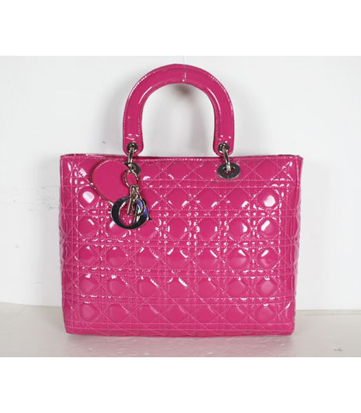 Dior Large Lady Cannage Silver D Tote Bag Fuchsia Patent Leather