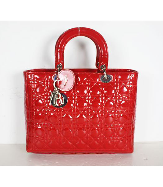 Dior Large Lady Cannage Silver D Tote Bag Red Patent Leather