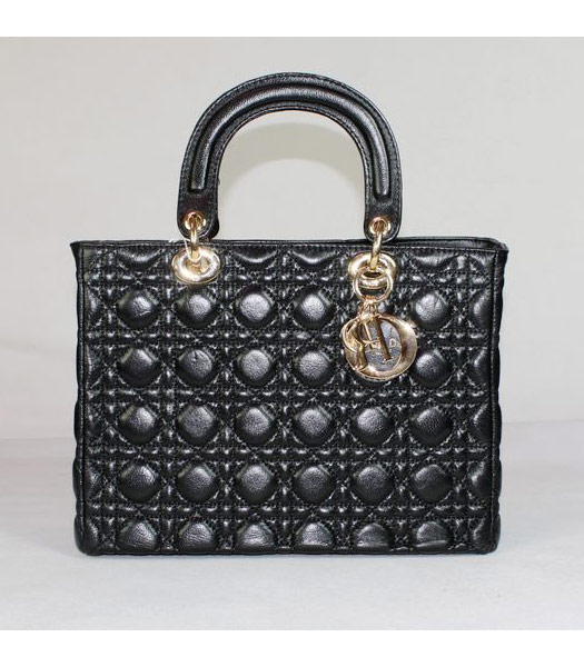 Dior Middle Lady Cannage Gold D Lambskin Tote Bag Black
