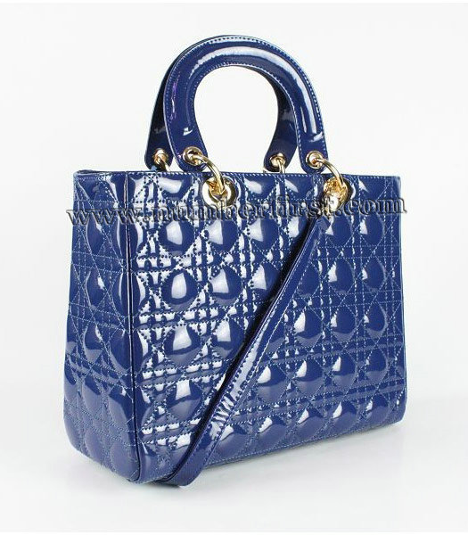 Dior Middle Lady Cannage Gold D Patent Leather Tote Bag Blue-1