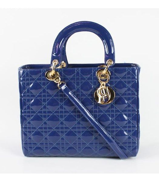 Dior Middle Lady Cannage Gold D Patent Leather Tote Bag Blue