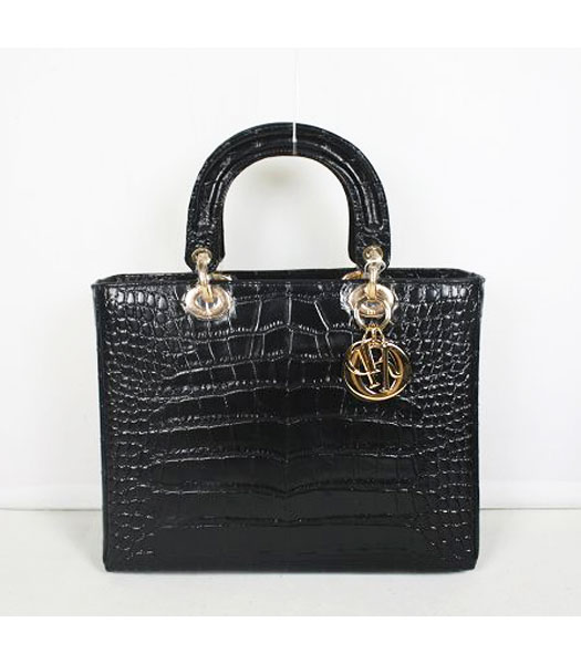 Dior Middle Lady Cannage Golden D Croc Veins Tote Bag Black