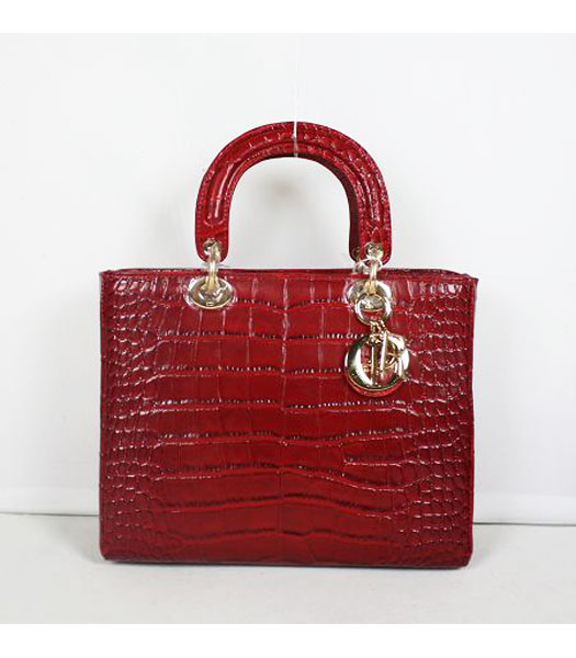 Dior Middle Lady Cannage Golden D Croc Veins Tote Bag Red