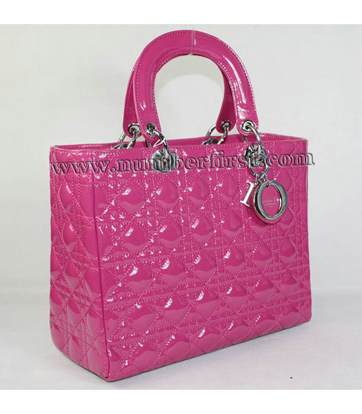 Dior Middle Lady Cannage Silver D Patent Leather Tote Bag Fuchsia-1