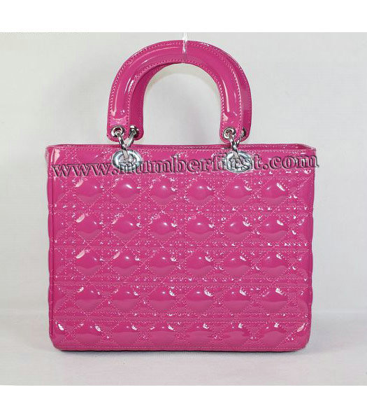 Dior Middle Lady Cannage Silver D Patent Leather Tote Bag Fuchsia-2