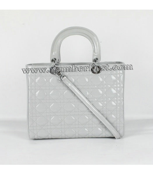 Dior Middle Lady Cannage Silver D Patent Leather Tote Bag Light Grey-1