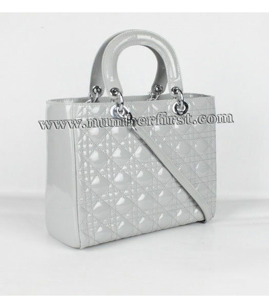 Dior Middle Lady Cannage Silver D Patent Leather Tote Bag Light Grey-2