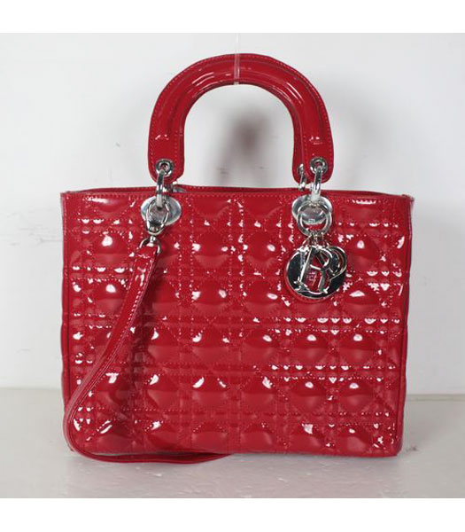 Dior Middle Quilted Lady Cannage Tote Bag Red Patent Leather