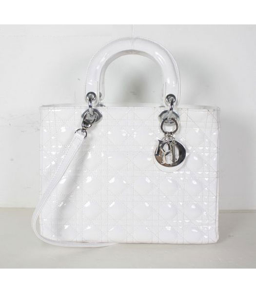 Dior Middle Quilted Lady Cannage Tote Bag White Patent Leather