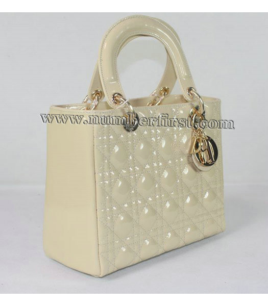 Dior Small Lady Cannage Gold D Tote Bag Apricot Patent Leather-1