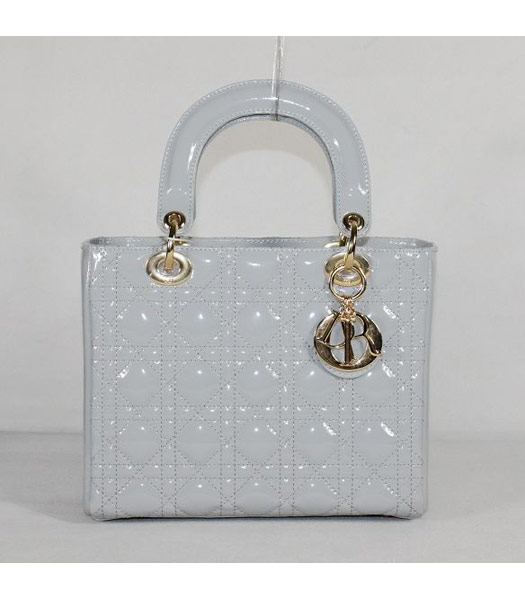 Dior Small Lady Cannage Gold D Tote Bag Grey Patent Leather
