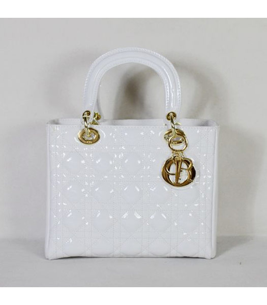 Dior Small Lady Cannage Gold D Tote Bag White Patent Leather