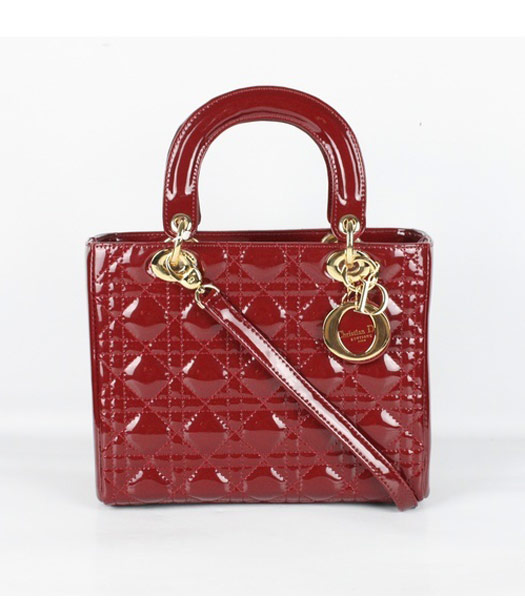 Dior Small Lady Cannage Gold D Tote Bag Wine Red Patent Leather