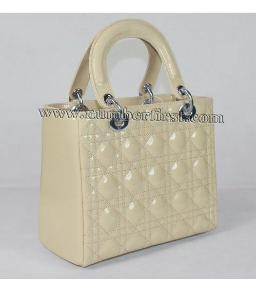 Dior Small Lady Cannage Silver D Tote Bag Apricot Patent Leather-1