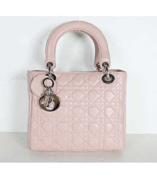 Dior Small Lady Cannage Silver D Tote Bag Pink Leather