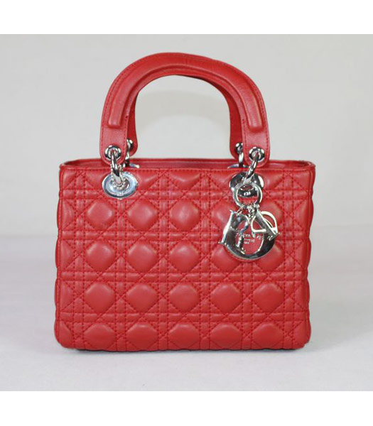 Dior Small Lady Cannage Silver D Tote Bag Red Lambskin