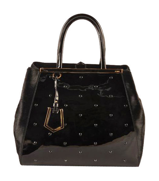 Fendi 2jours Black Patent Leather With Horsehair Leather Large Tote Bag