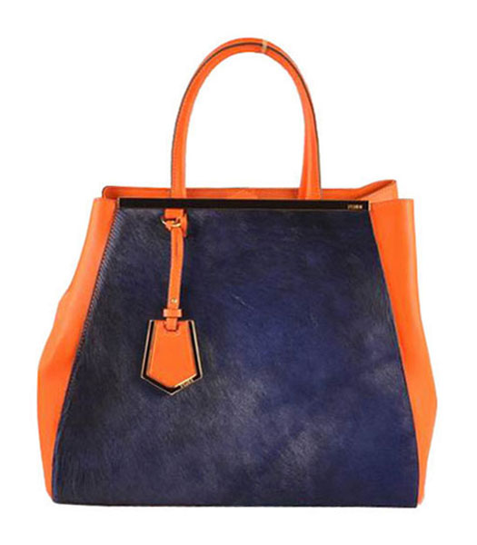 Fendi 2jours Dark Blue Horsehair Leather With Orange Ferrari Leather Large Tote Bag