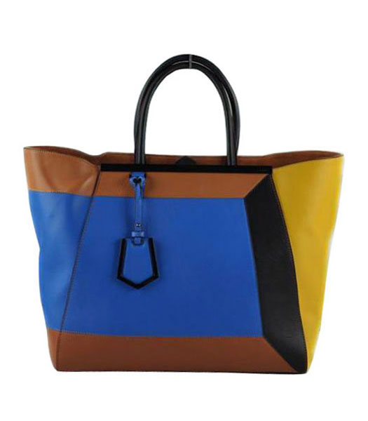 Fendi 2jours FF Fabric With Black Cross Veins Leather Tote Bag