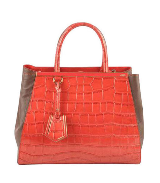 Fendi 2jours Red Croc Veins Leather With Dark Coffee Ferrari Leather Tote Bag