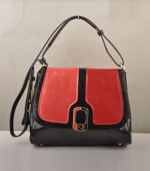 Fendi Anna Black Oil Leather with Dark Red Shoulder Bag