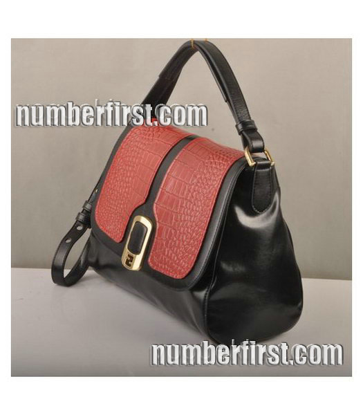 Fendi Anna Black Oil Leather with Red Croco Shoulder Bag-1