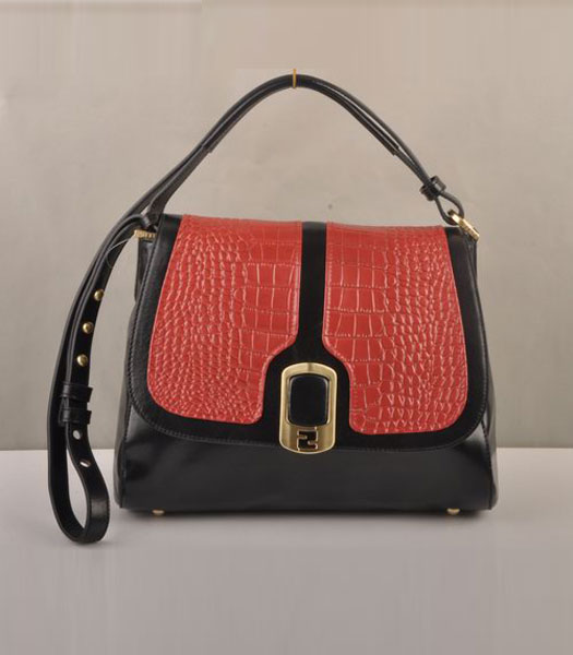Fendi Anna Black Oil Leather with Red Croco Shoulder Bag