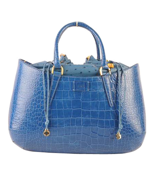 Fendi B Fab Croc Veins Leather Large Tote Bag Blue