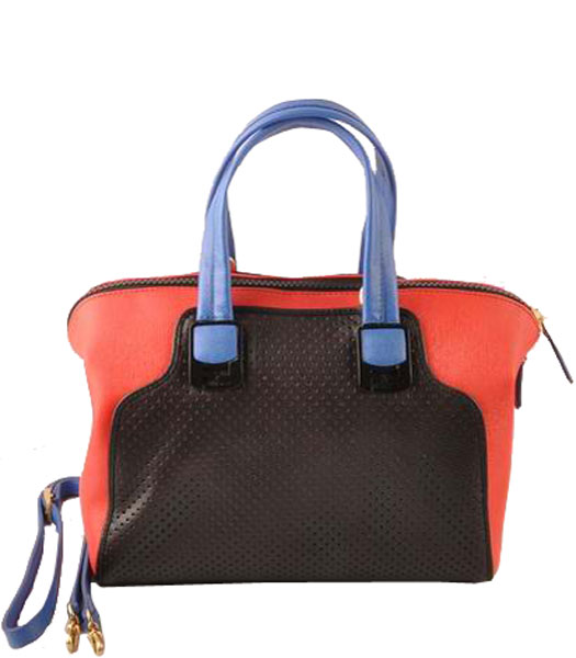 Fendi Black Calfskin Covered By Holes With Red Leather Small Tote Bag